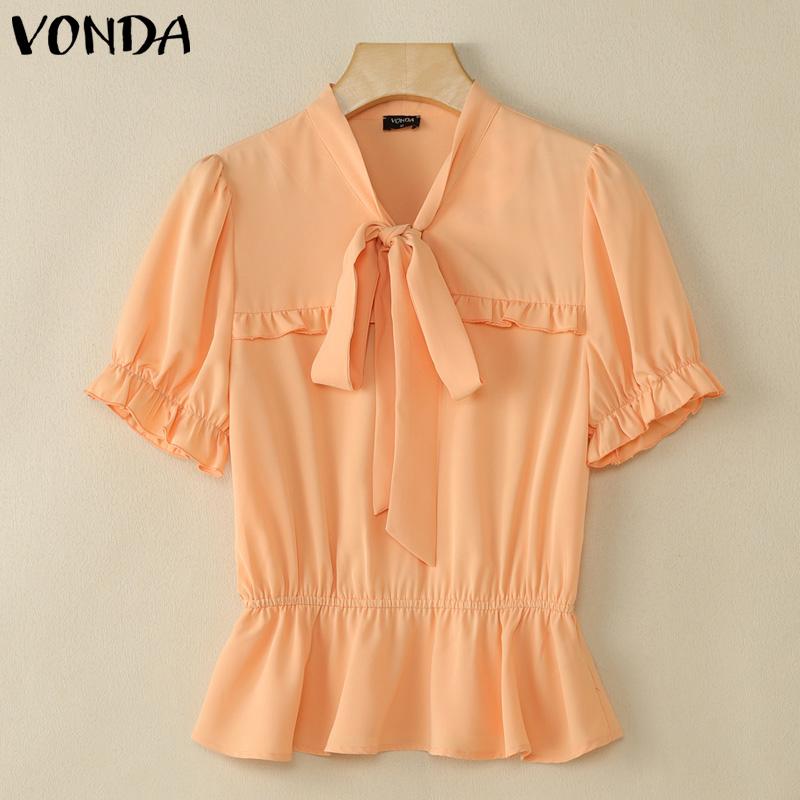 

VONDA Elegant Women Puff Sleeve Bow Neck Slim Waist Casual Ruffled Blouse S помаранчевий