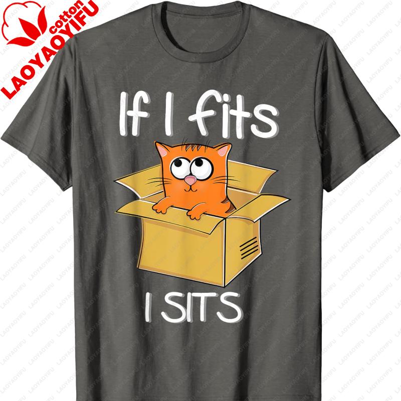 Cats 365If I Fits I Sits Cat Meme Funny Cat in A Box TShirt Harajuku Men Clothing Mens T Shirts High Quality Cotton Men Tshirt S