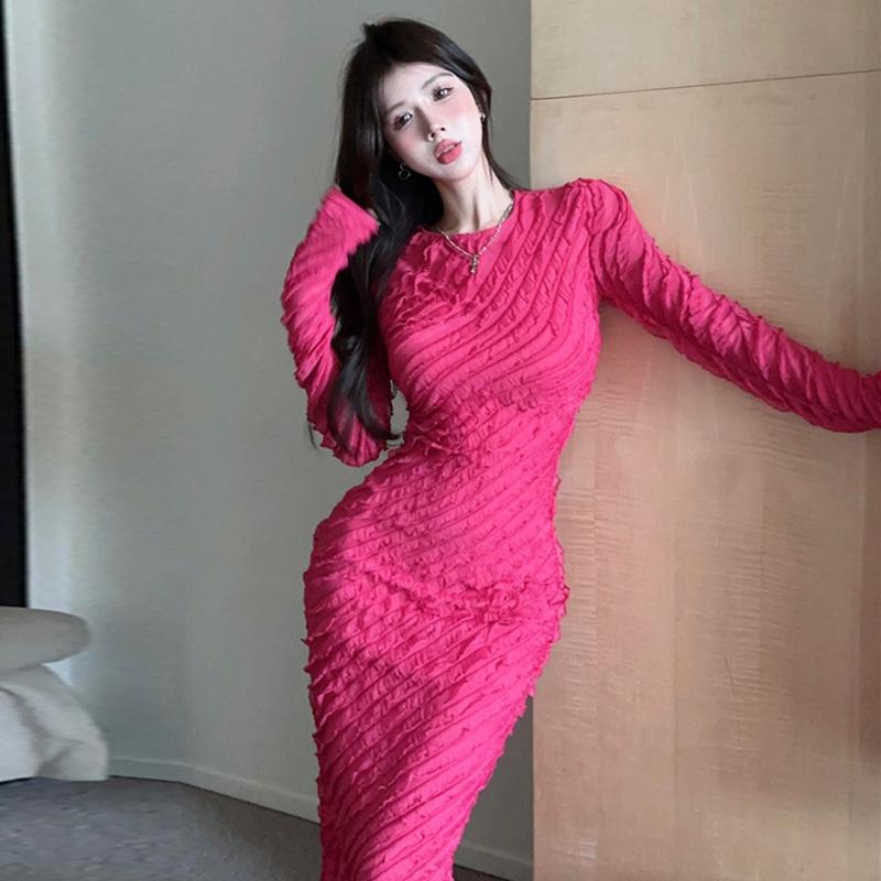 

Женское облегающее платье French Temperament с круглым вырезом и длинными рукавами 2025 года L