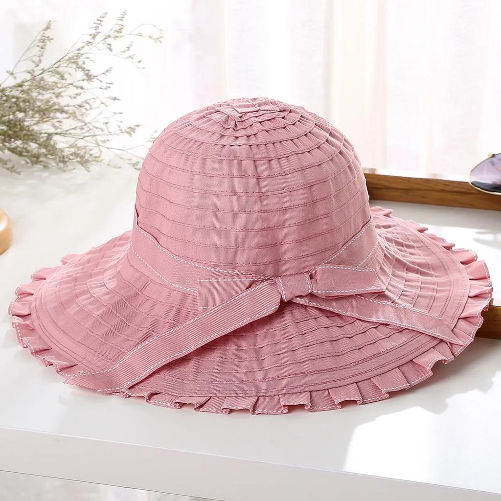Women's Summer Sun Hat with Bow Folding Large Cornice Hat Sun Protection Hat
