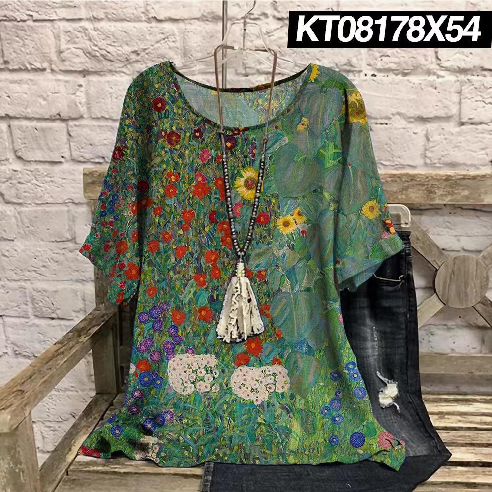 Plus Size Retro Color Blocked 3D Printed Summer Casual Round Neck Short Sleeved Loose Slimming Loose T-shirt