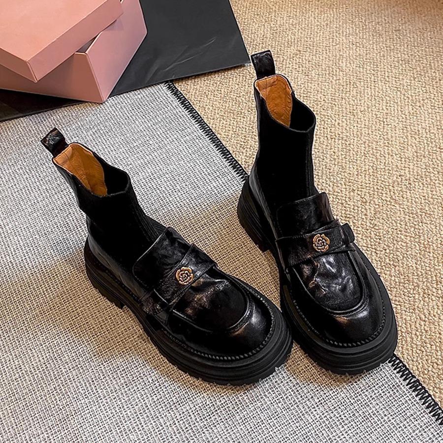 Verze z hovězí kůže Xiaoxiangfeng kaméliová kůže pletené elastické ponožkové boty dámské tenké boty retro silná podrážka britské kotníkové boty