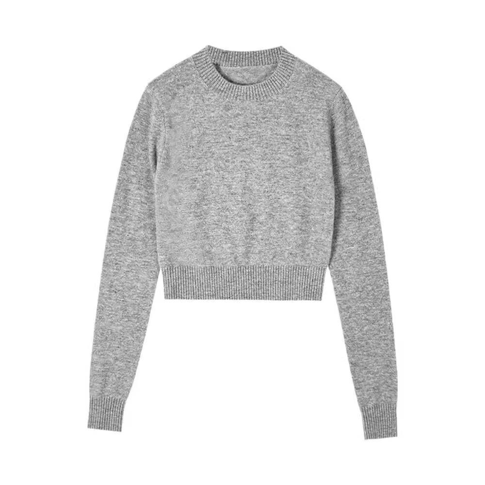 Women's High Waist 100% Wool Round Neck Sweater - Soft, Short, and Versatile Thin Base Layer for Early Autumn.