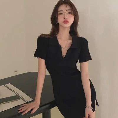 Sexy Black Slim Fit V-Neck Slit Dress - Summer Short Skirt