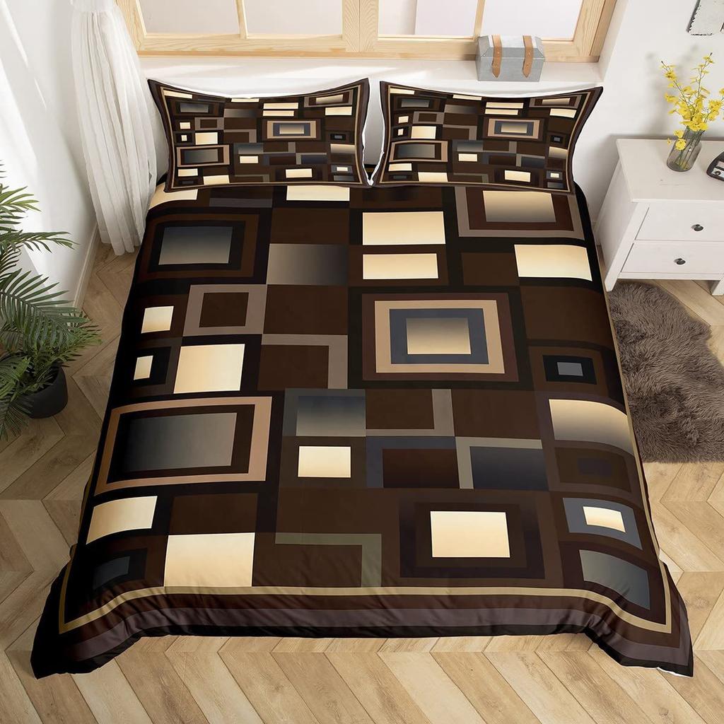 Grid Square Three-Piece Quilt Cover 3D Digital Printing Bedding Set Bed Cover