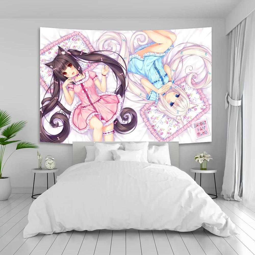 VIKAMA Anime Girl Tapestry Cat Ear Maid Kawaii Japanese Cartoon Ins Style Wall Decor for Bedroom
