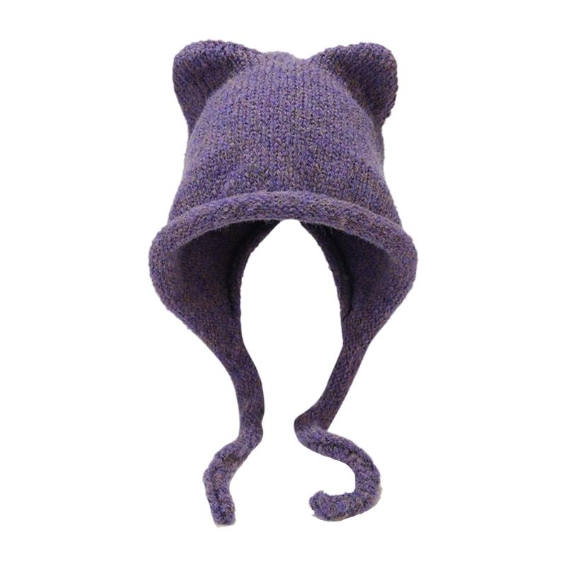 Unisex Solid Color Crochet Hat Cat Kitten Ear Shape Hat Warm Fluffy Winter Crochet Warm Skiing Supplies for Adult Teens