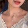 Super fairy bow pearl necklace fashion design collarbone chain colored stone light luxury Internet celebrity accessories neck chain