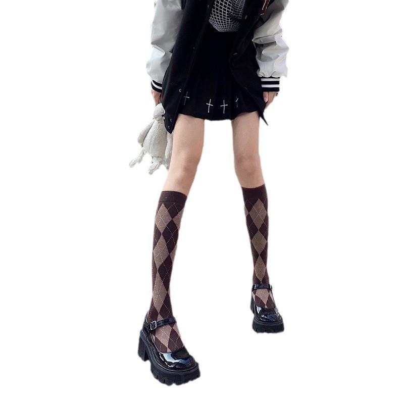 Rhombus Calf Socks Summer Mid Tube Thin Legs Retro Uniform Student Design Socks Trendy Female Harajuku Socks Girls