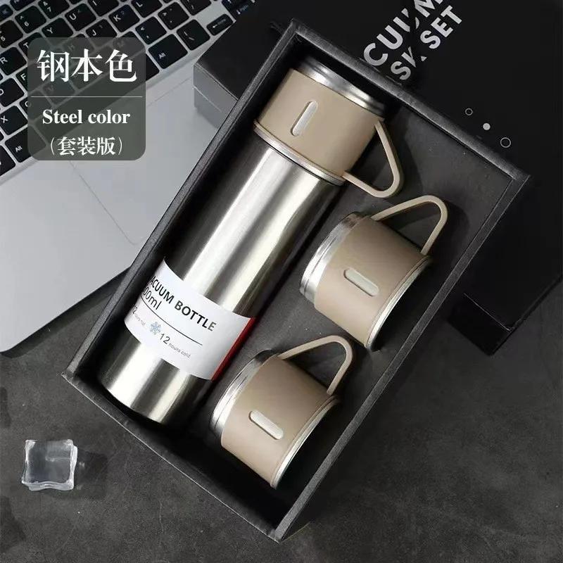 500ml One Cup Three Lid Stainless Steel Insulated Bottle Business 304 Large Capacity Thermos High End Gift Box Set Water Cup