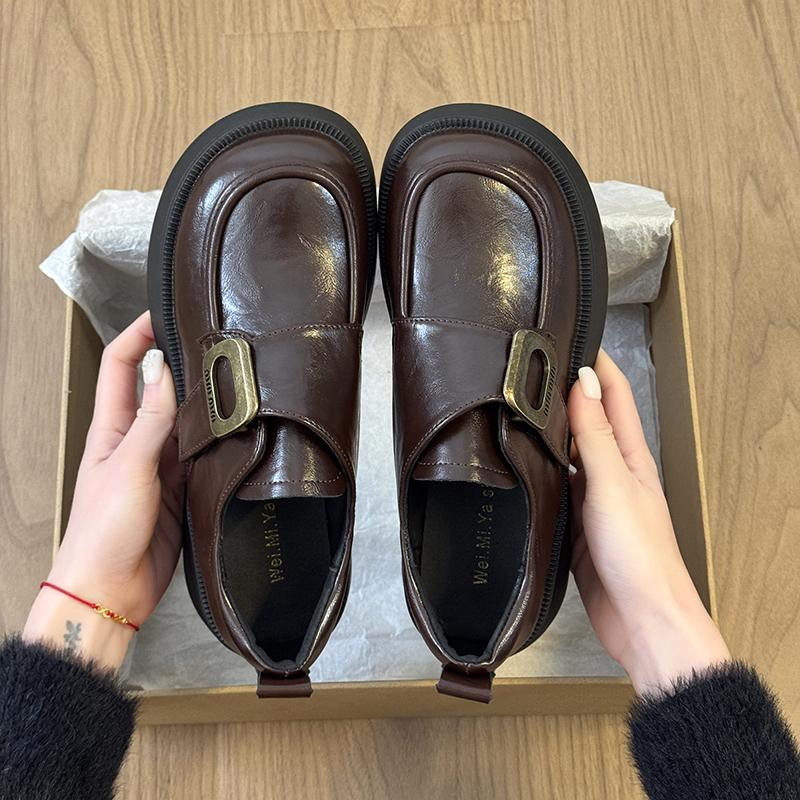 

Autumn Winter New Style Versatile Fashion Flat Shoes Women s Thick Bottomed Leather Loafers Heightening 35 коричневый