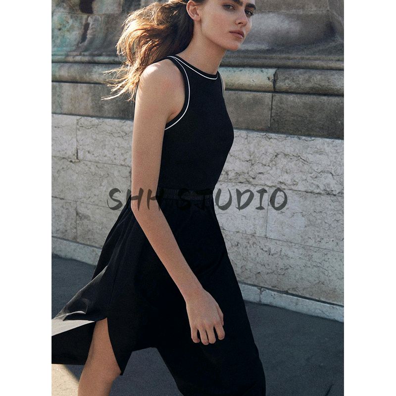 Spring New Women's Clothing European and American Leisure Color Contrast Patchwork Sleeveless Round Neck Midi Skirt Dress 8372046