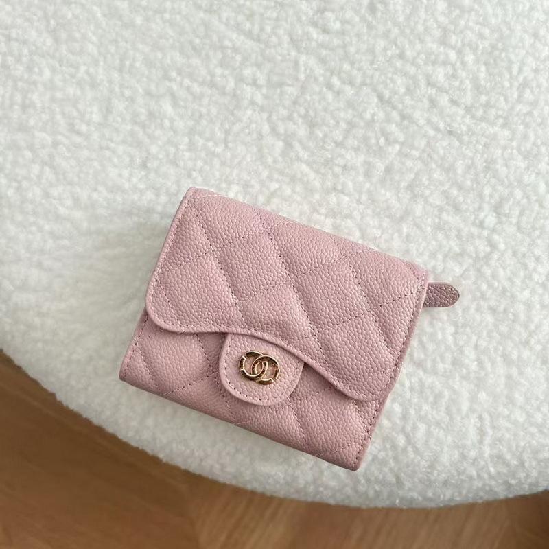2026 New Caviar Patterned Cowhide Long Three Fold Wallet Hand-held Bag Chain Strap Crossbody Genuine Leather Women's