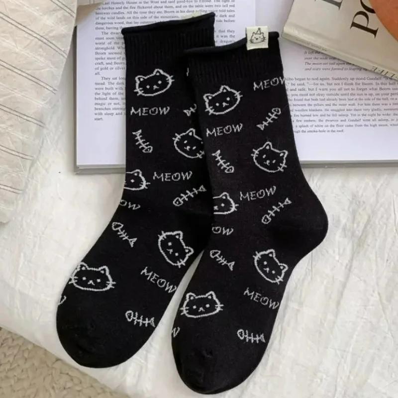 

New Women Cat Fishbone Mid Tube Socks Cartoon Animal Kawaii Funny Trendy Socks High Quality Cotton Hosiery Harajuku Casual Sock One Size чорний