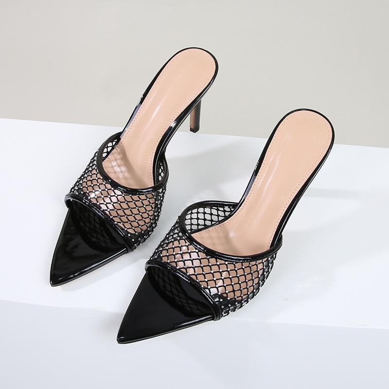 Women's high-end sheepskin, black grid rhinestone high-heeled slippers, thin heels, pointed open-toed high heels, not tiring to wear outside