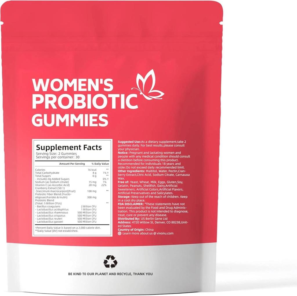 60 Women Probiotic Gummies, Probiotics for Women, Cranberry Flavour, 5 Billion CFU for Intimate and Digestive Health