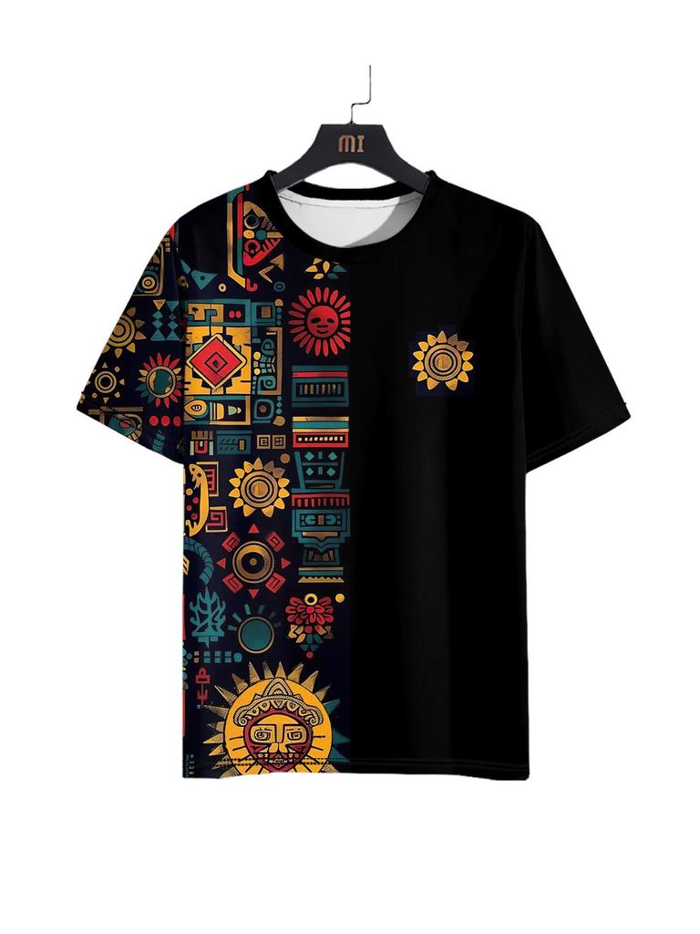 Vintage Ethnic Style Pattern Printed Men's T-Shirt Outdoor Casual Round Neck Short-Sleeved Tops Street Male Oversized Clothing