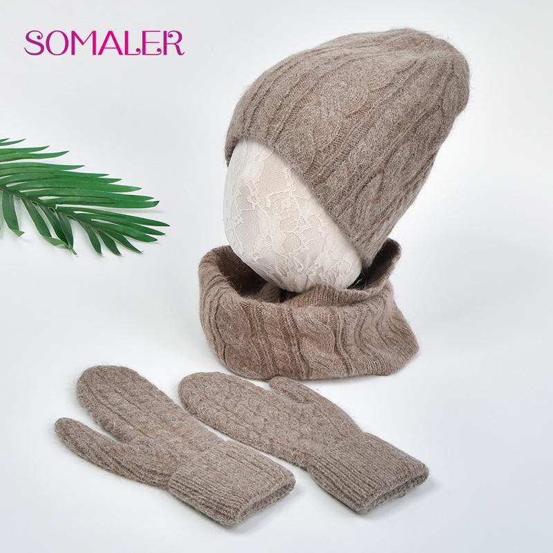 Women Winter Three-piece Hat Scarf Gloves Set Warm Fluffy Angora Knit Hat Scarf Thick Fashion Cold Weather Beanie Accessories