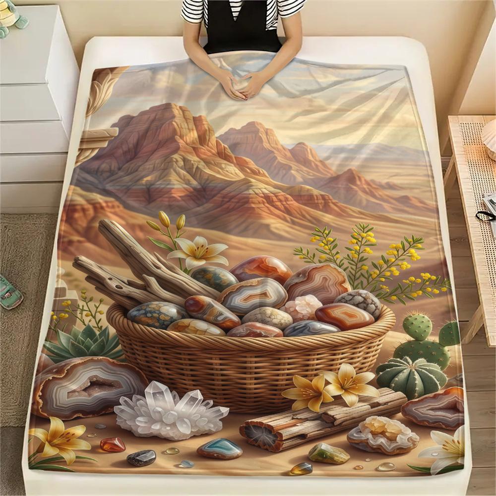 1PC Desert Mountain Print FlAannel Blanket, High Quality Comfortable for All Seasons, Home Decor, Warmth and Comfort