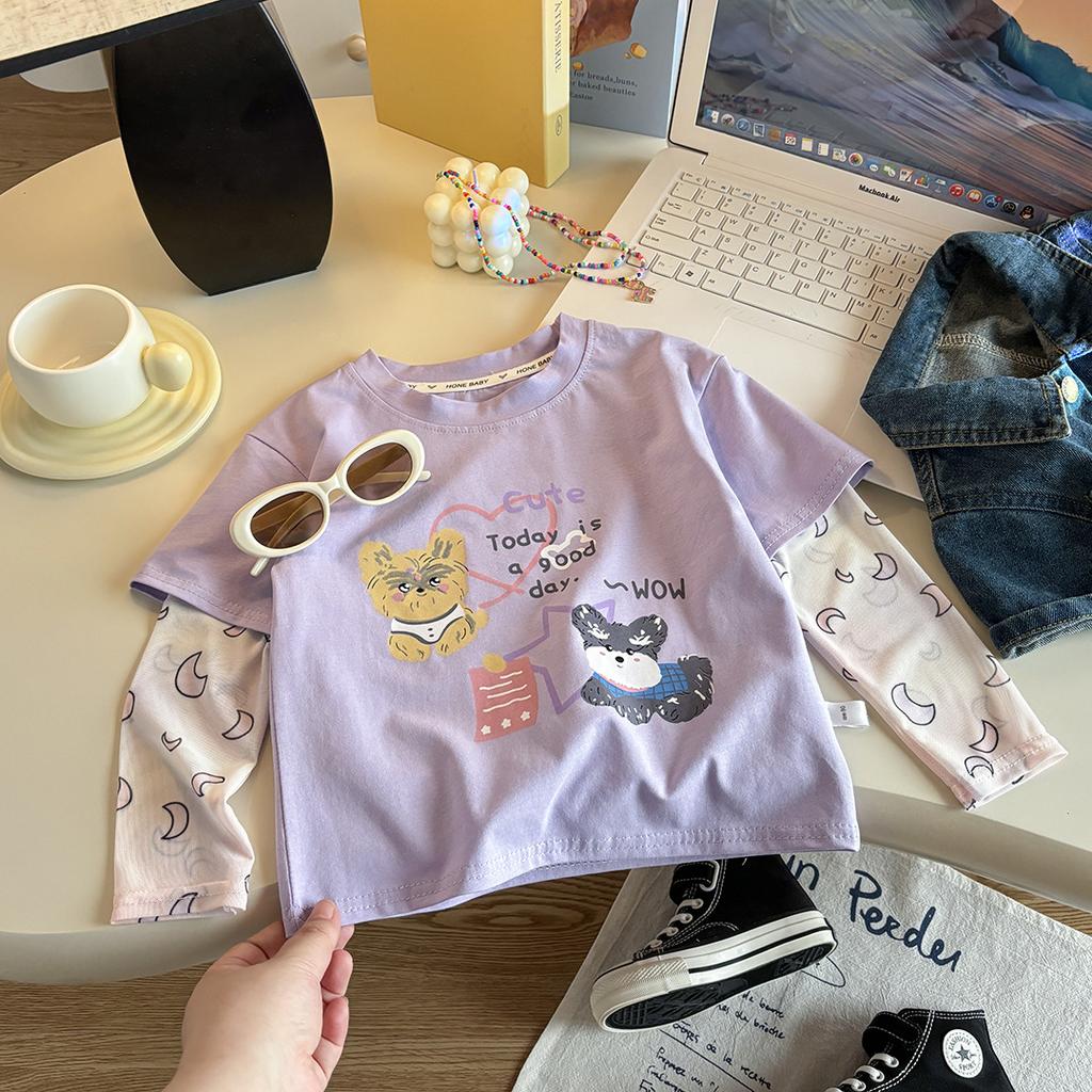 Girls Summer Cotton Cartoon T Shirt Fake Two Piece Sun Protection Sleeves Casual Cute Top Kids Clothing
