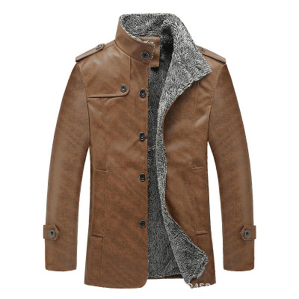 Men's Fashionable Shearling-Lined Fleece-Lined Thickened Leather Jacket Large Size Casual Cool Biker- Outerwear