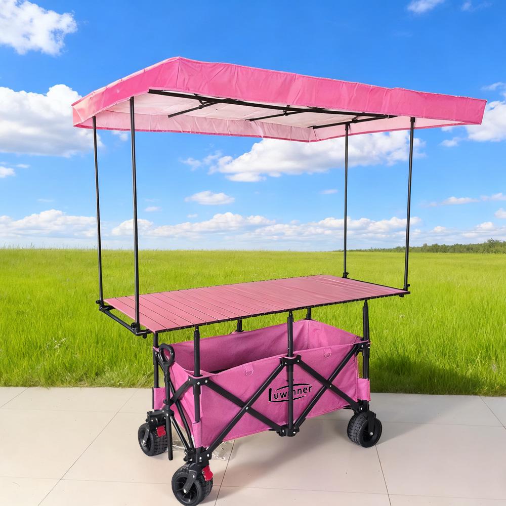 Adjustable Folding Handcart with Umbrella, Elevated Canopy & Table Top for Street Stalls or Camping.