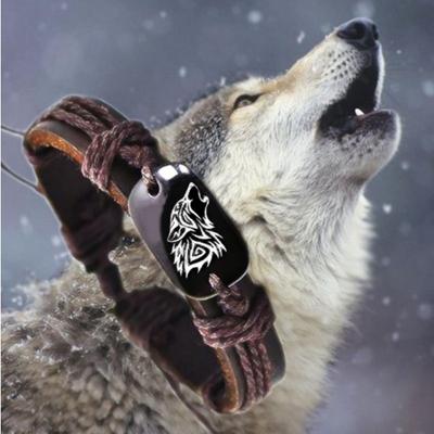 Vintage módní pletený tkaný kožený unisex náramek Wolf Logo Módní šperky pro ženy Muž