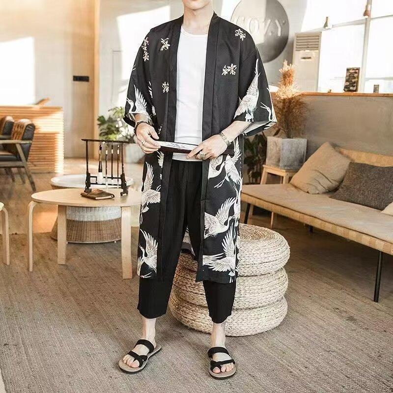 Men's Summer Jacket: Medium/Long Shirt, Loose Large Size Cardigan, Sun Protection, Chinese Style Crane Robe Cape