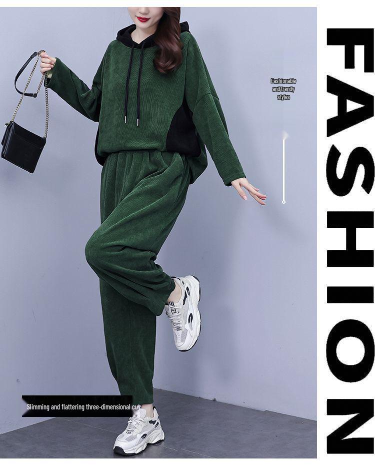 Zesílený manšestrový módní set s kapucí - Nadměrná velikost podzimní ležérní dvoudílný outfit