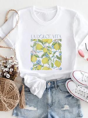 Ladies' Trendy Casual Printed Women's Lemon Fruit Pattern Short Sleeved Summer T-Shirt Fashion O-Neck Polyester Fabric Clothing
