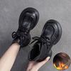 Johnature Botines cortos de felpa de estilo británico retro de cuero genuino con suela gruesa, zapatos de plataforma versátiles para mujer