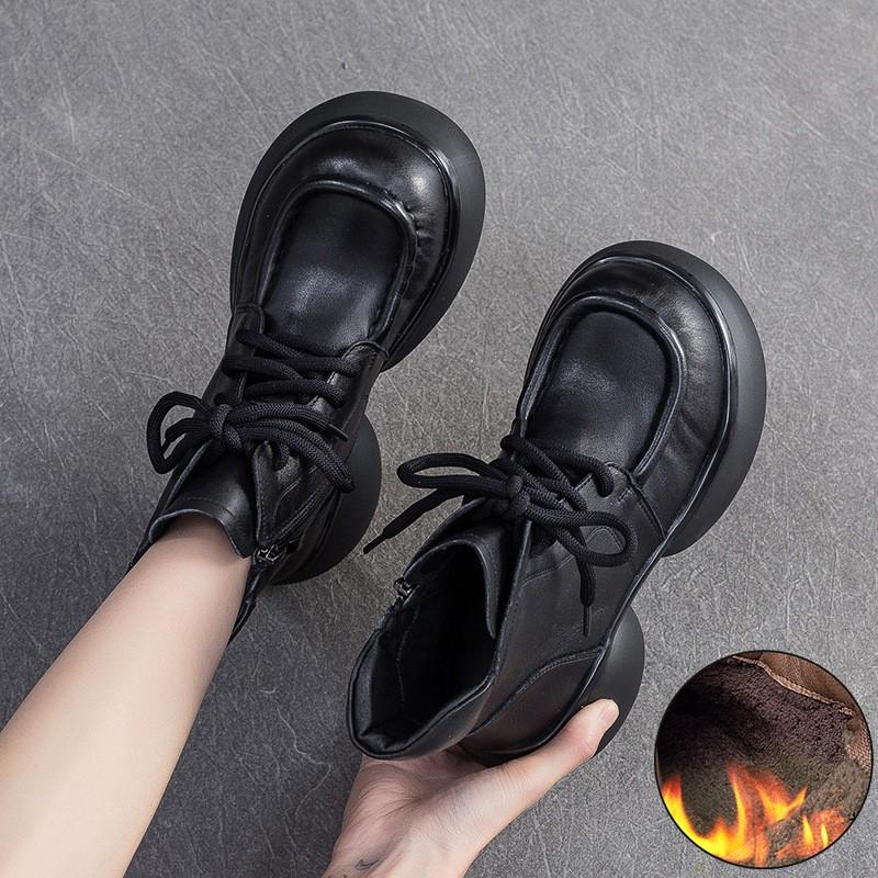 Johnature Botines cortos de felpa de estilo británico retro de cuero genuino con suela gruesa, zapatos de plataforma versátiles para mujer