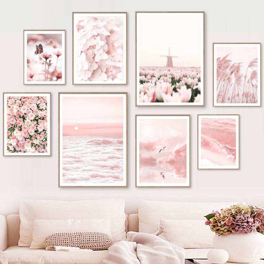 Oblak Tulipán Větrný mlýn Květ Jezero Pampeliška Rákos Pták Nástěnná Umělecká reprodukce Obraz na plátně Severský plakát Dekor Obrazy do obývacího pokoje