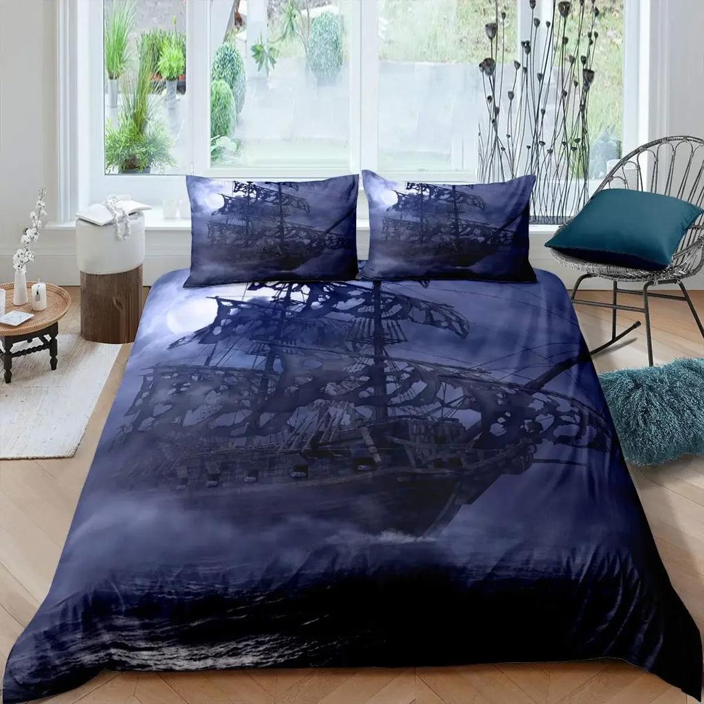 Pirate Sailboat Duvet Cover Nautical Ocean Theme Boys Teen Bedding Cool Style Adult Bedding Set Wave Pattern Printed Room Decor
