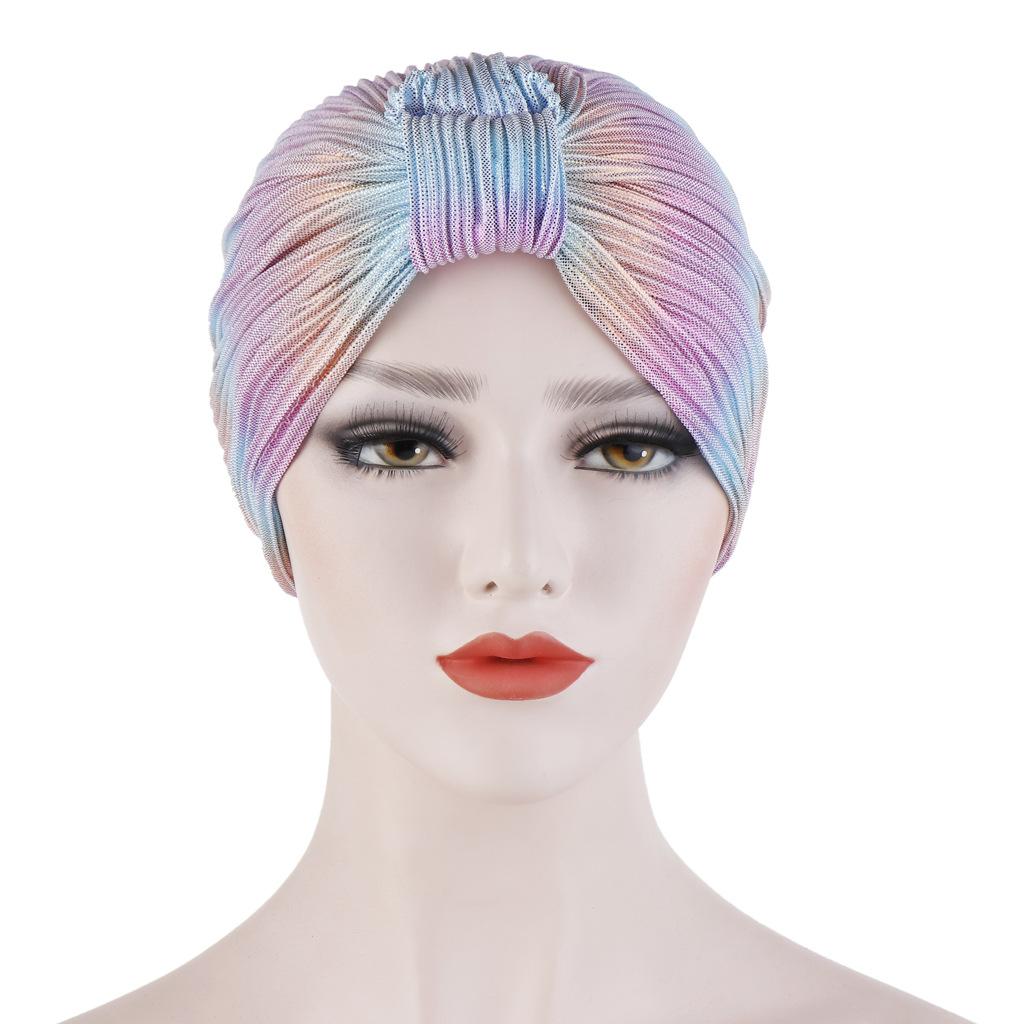 Chemo Cancer Hat Cap Pleated Turban Women Stretch Knotted Shiny Muslim Headscarf