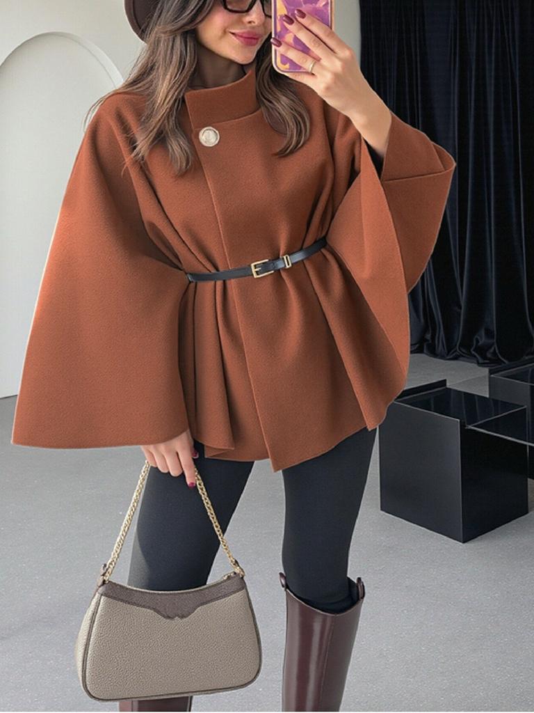 Moda Invernale Donna Stile Elegante Colore Puro Cintura con Cintura Cappotto Mantella in Lana