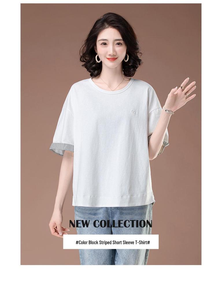 Women's Summer Plus Size Loose Fit All-Cotton Patchwork T-Shirt - Short Sleeve, Color Block, Middle-Aged Style