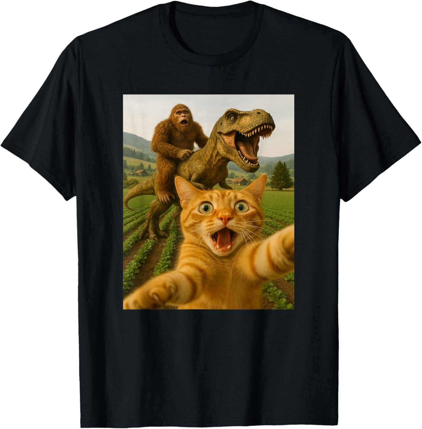 Funny Cat Selfie With Bigfoot Riding T-rex Dinosaur T-Shirt XXXXL