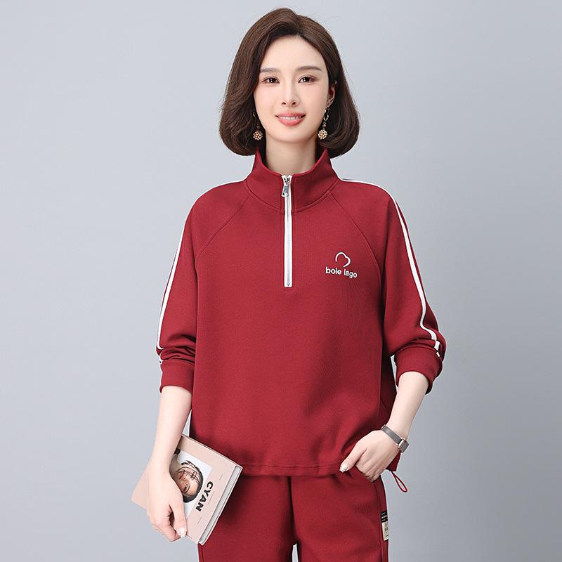 

Женский пуловер с воротником-стойкой на молнии до середины - Весна/Осень 2025, маленький размер для среднего возраста XL вино красного