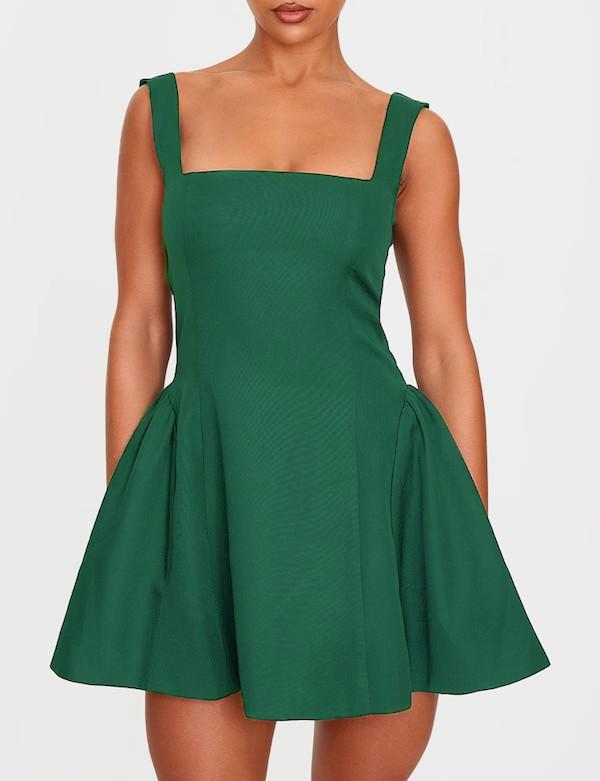 Women s Sleeveless Square Neck Cinched Waist Mini Flared Party Dress M