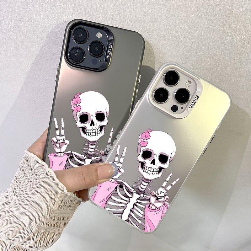 Cute Pink Flower Skeleton Phone Case, Peace Sign Skull Print, Shockproof Matte Phone Cover