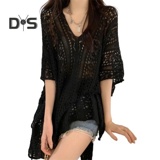 

Платье-накидка с V-образным вырезом и коротким рукавом, дышащее, свободного кроя, летние топы, пляжное бикини, накидка чёрный