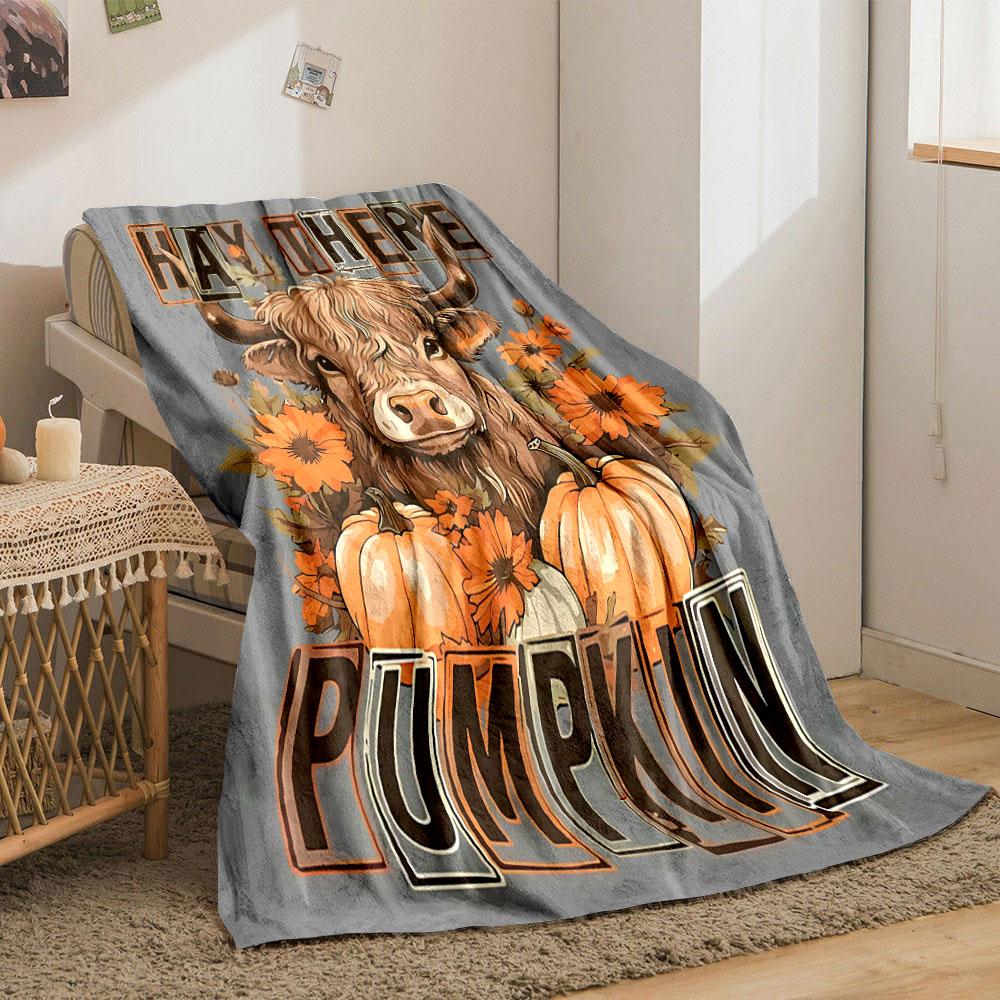 Highland Cow Pumpkin Floral Blanket bedroom Blanket for Livingroom Couch lunch break Soft throw for Friend's festival Gift