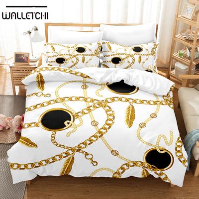 Set de lenjerie de pat cu model decorativ auriu imprimat 3D, husă de plapumă din puf cu față de pernă, dublu, single, king