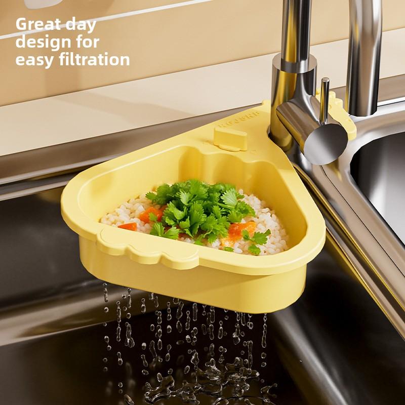 1 Click Open Triangle Sink Basket Strainer Drain Rack Wall Mounted Organizer for Kitchen Dishwashing Vegetables No Drill Storage