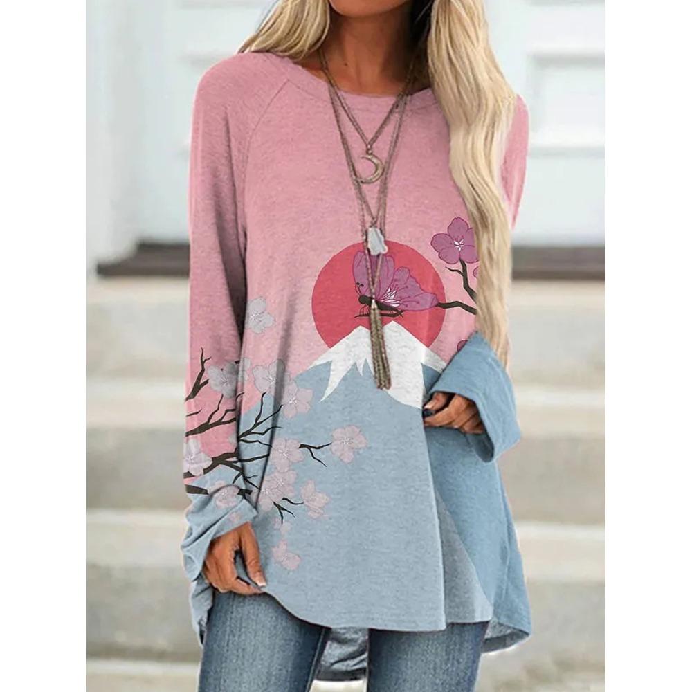 Large-sized Seaside Sunset 3D Printed Women's Round Neck Long Sleeve T-shirt Autumn Fashion Elegant Women's T-shirt Outdoor Casual Loose Top