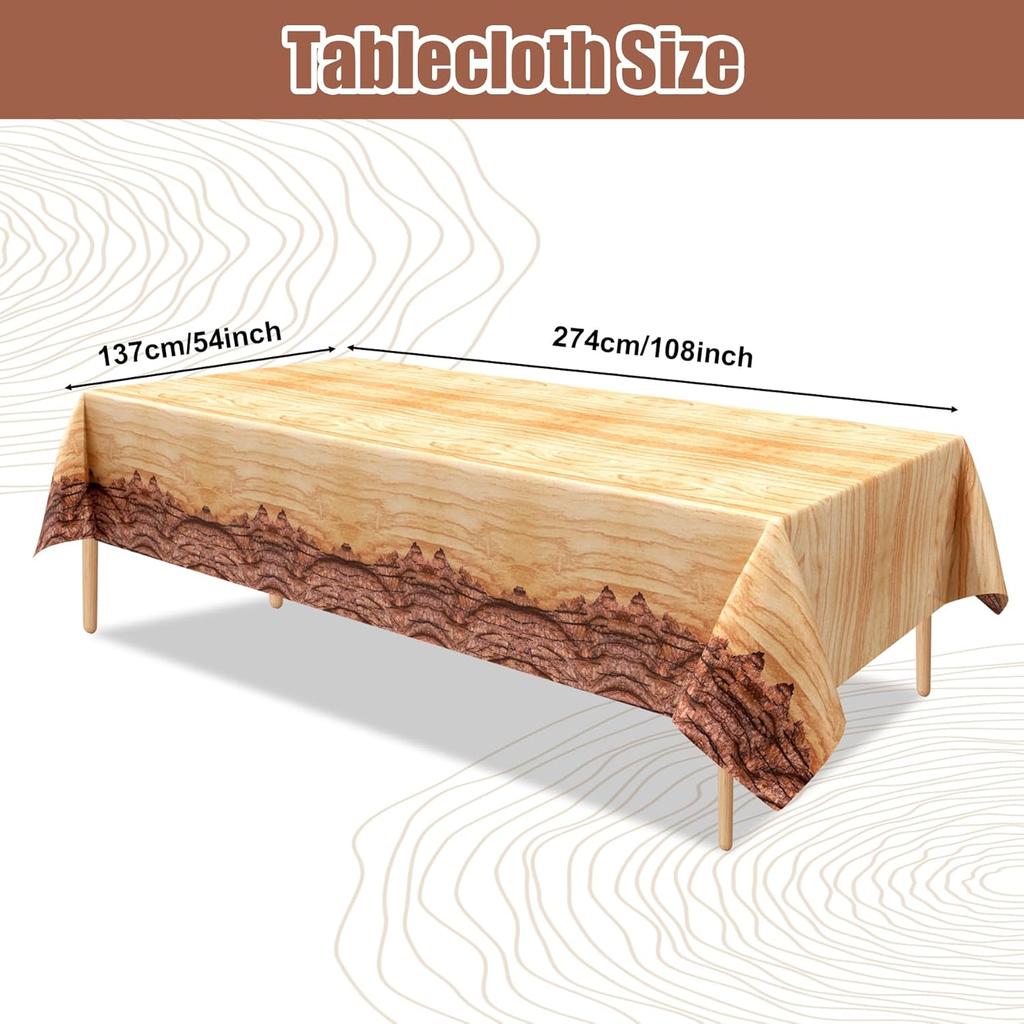 3Pcs Brown Wood Grain Tablecloth, 54 X 108 Inch Camping Plastic Table Cover, Disposable Wood Slice Tablecloth for Lumberjack Woodland Camo Hunting