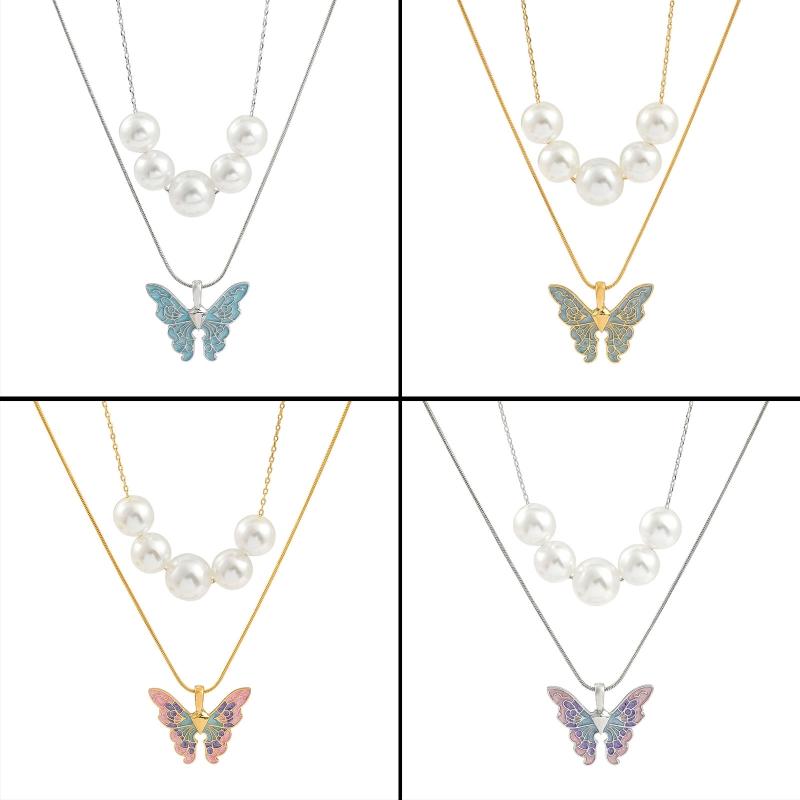 Gold Silver Chain Women for Butterfly Pearl Necklace Double Choker Chains Jewelry Girl Fashion Butterflies Pendant Gift