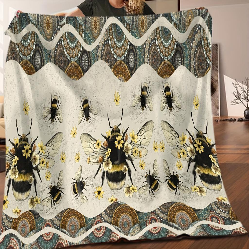 Bee Themed Art Digital Printing Throw Blanket - Cute Insect Motif Soft Lightweight Accent for Sofa Bed Travel Office