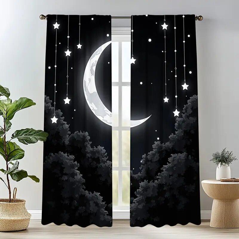 Starry Night Moon and Forest - Pole Bag Curtains, Bedroom and Living Room Decoration, Home Decoration, Living Room Decoration